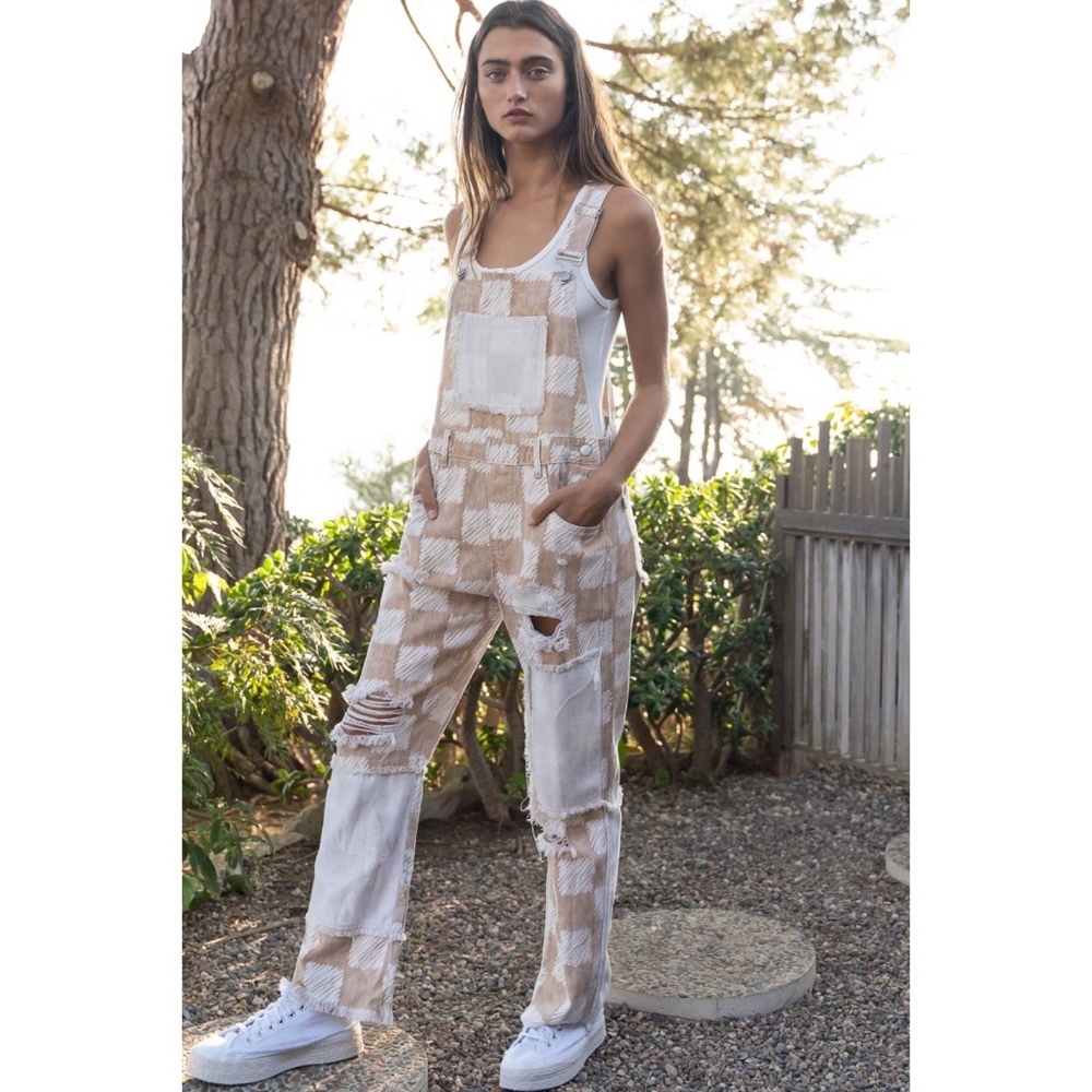 POL Tan & White Checkerboard Patched Distressed Overalls - Picture 7 of 7